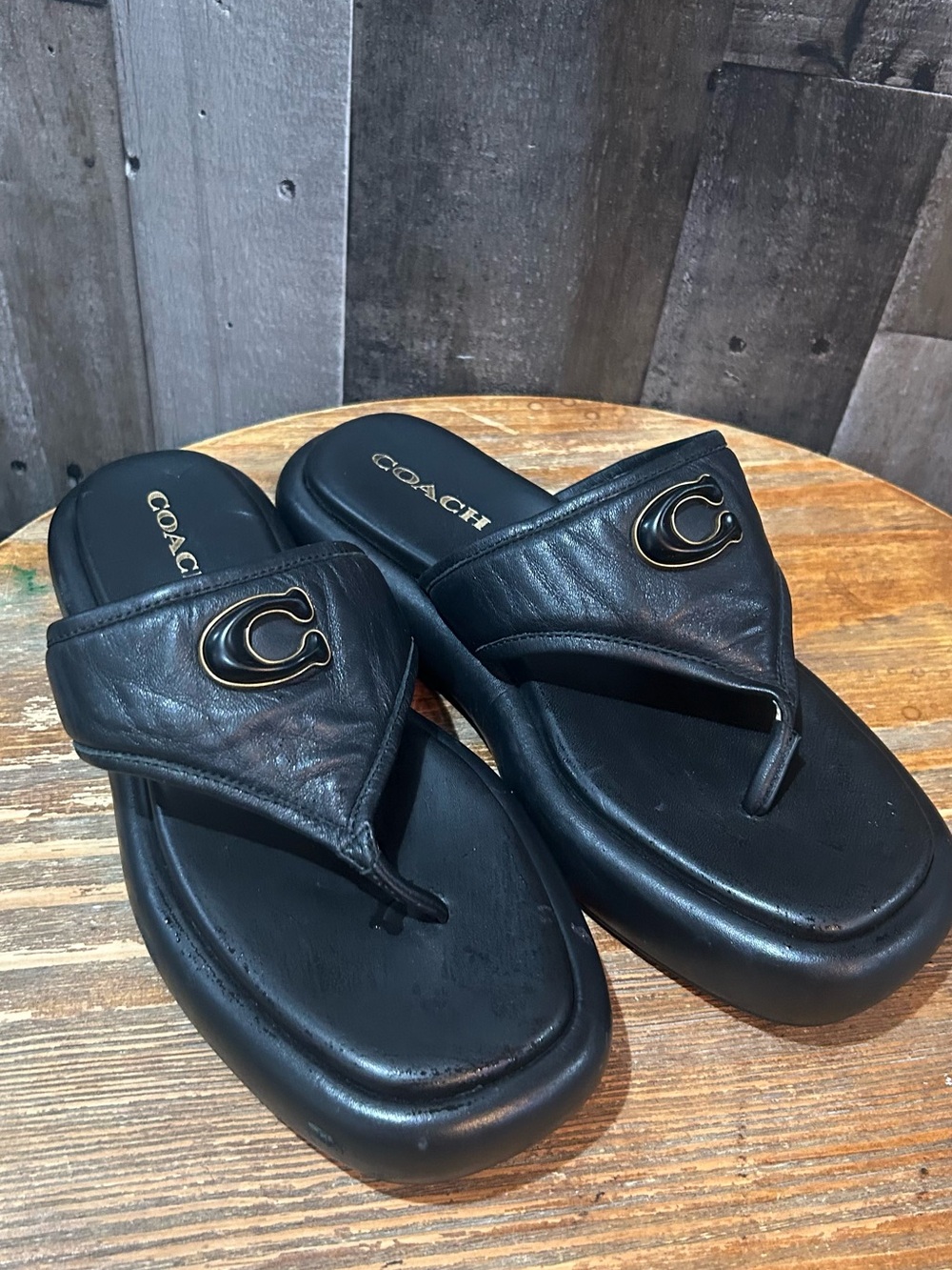 Coach Black Leather Thong Sandals with Gold 'C' Logo